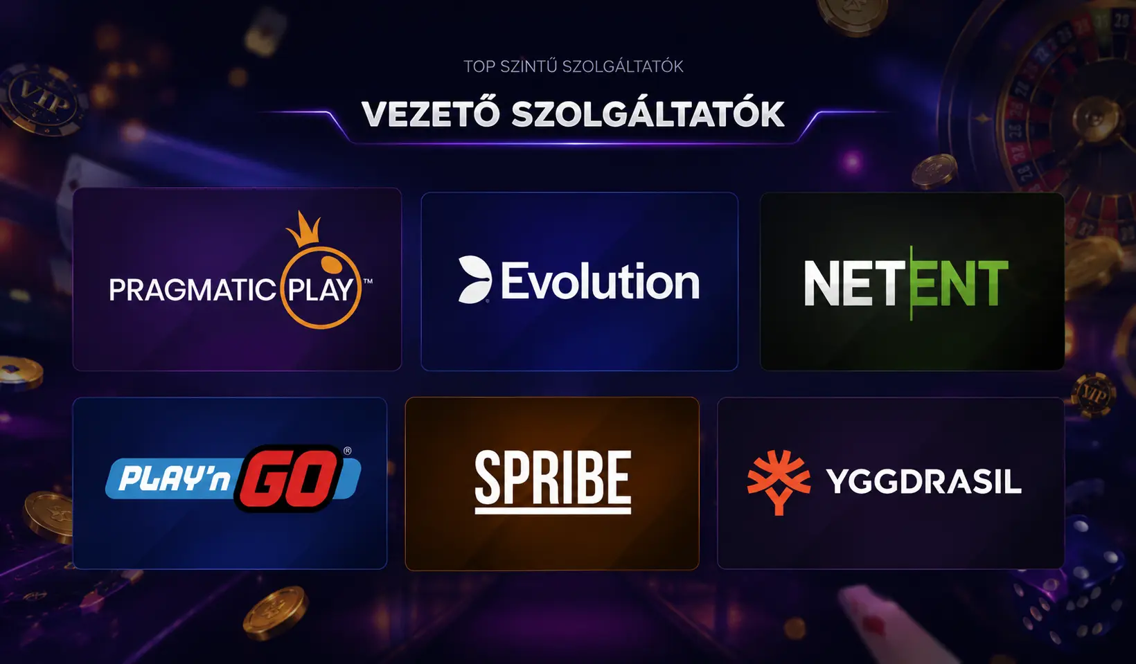 Vox Casino szoftverszolgáltatók logói — Pragmatic Play, Evolution, NetEnt, Spribe