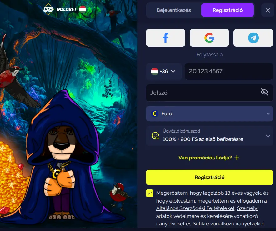 Vox Casino regisztrációs űrlap és közösségi belépés gombok